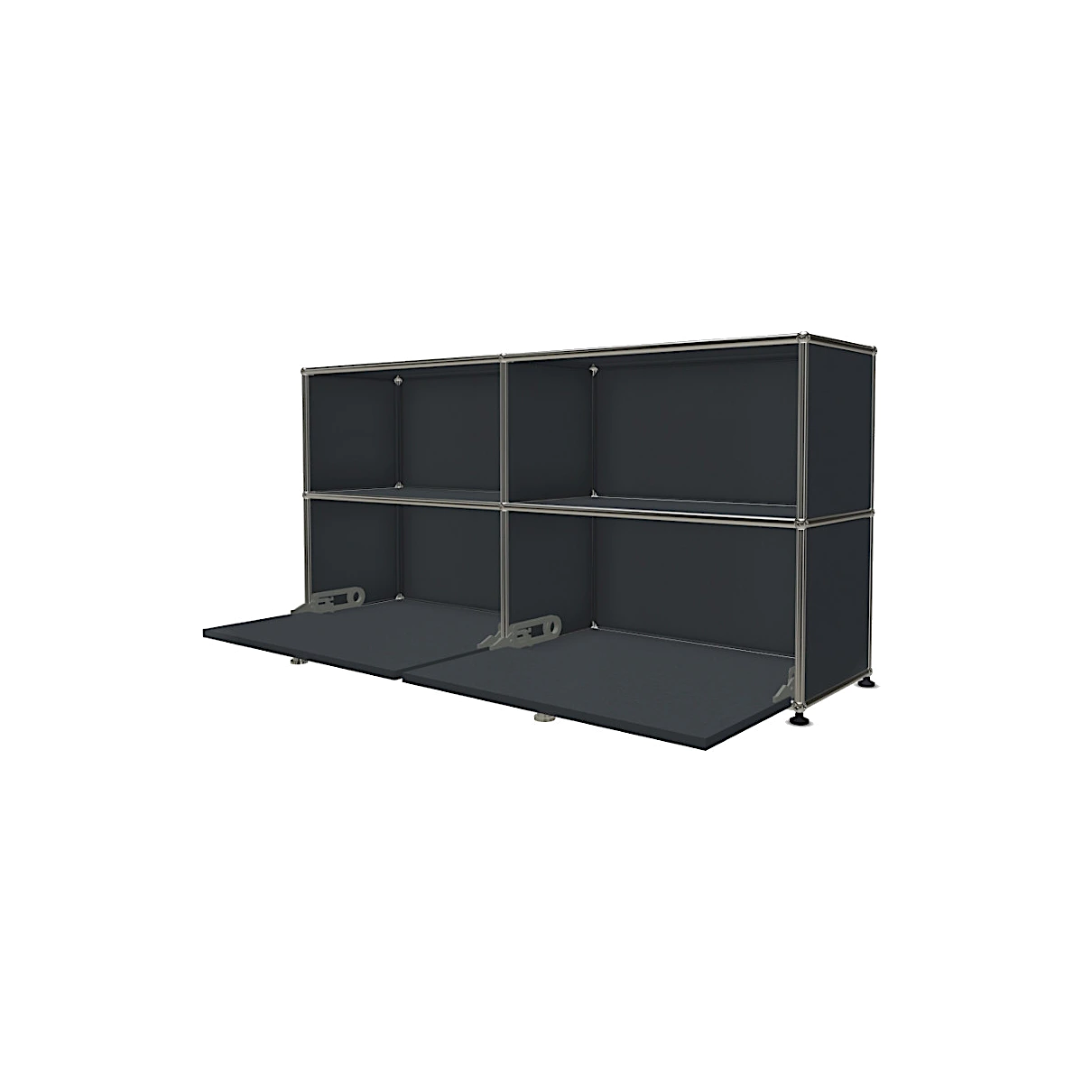 Designer Sideboard „Sideboard 2x2 mit zwei Klappen“ von USM Haller in anthrazitgrau bei LHL im Onlineshop kaufen – Frontansicht leicht seitlich mit zwei Klappen unten geoeffnet