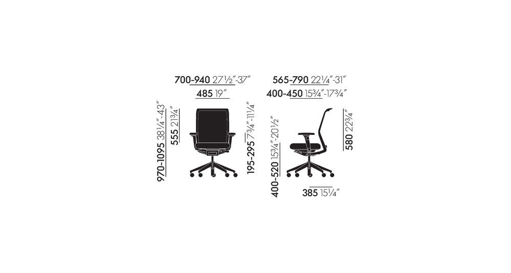 Schwarzer Buerostuhl ID Mesh von Vitra mit mittelhohem Netzruecken und verchromtem Fusskreuz mit Rollen bei LHL im Onlineshop kaufen – Masse