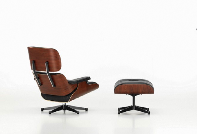 Designerstuhl Eames Lounge Chair mit Ottomane von Vitra mit schwarzem Leder und Holz Palisander und Fusskreuz schwarz bei LHL im Onlineshop kaufen – Rueckansicht 