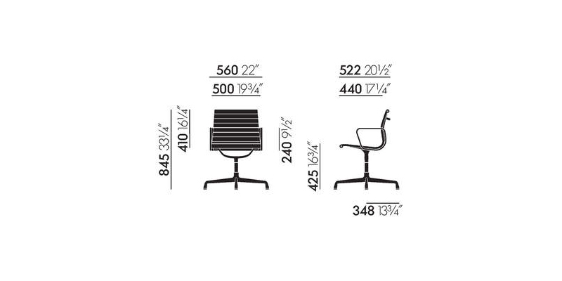 Schwarzer Buerostuhl Eames Aluminium Group EA104 von Vitra in schwarz mit schwarzem Fusskreuz ohne Rollen bei LHL im Onlineshop kaufen – Masse